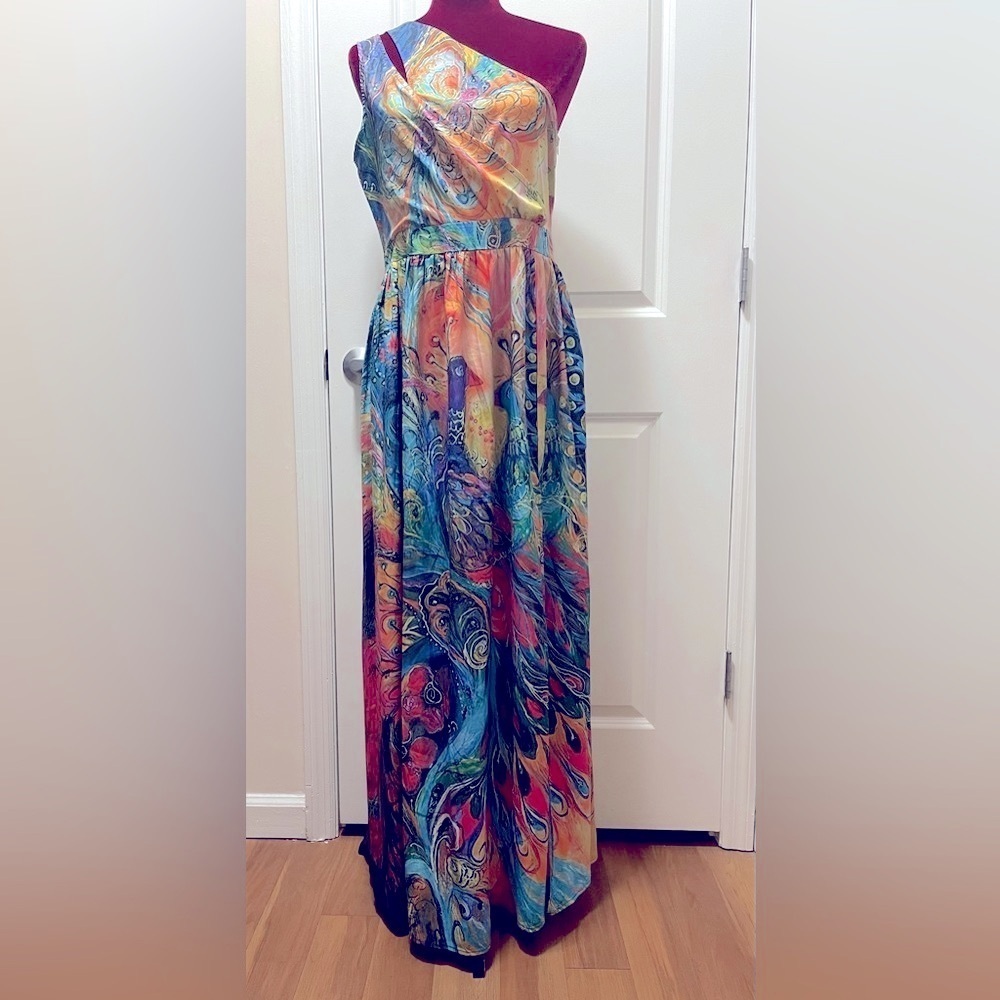 Vibrant Peacock Sleeveless One Shoulder Maxi Dress. Size Large